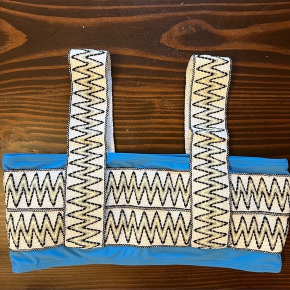 NEW Two-piece Bikini Boho Blue White Bandeau Top High Rise Swimsuit Size Large - Picture 4 of 11